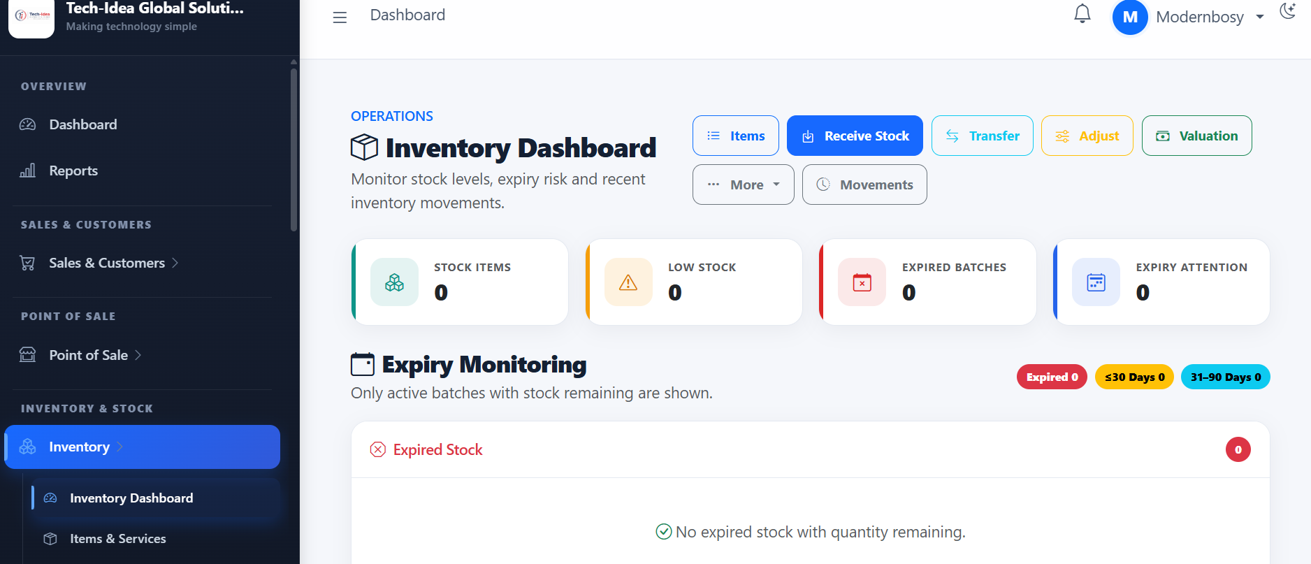 Tech-Idea ERP inventory dashboard with expiry monitoring